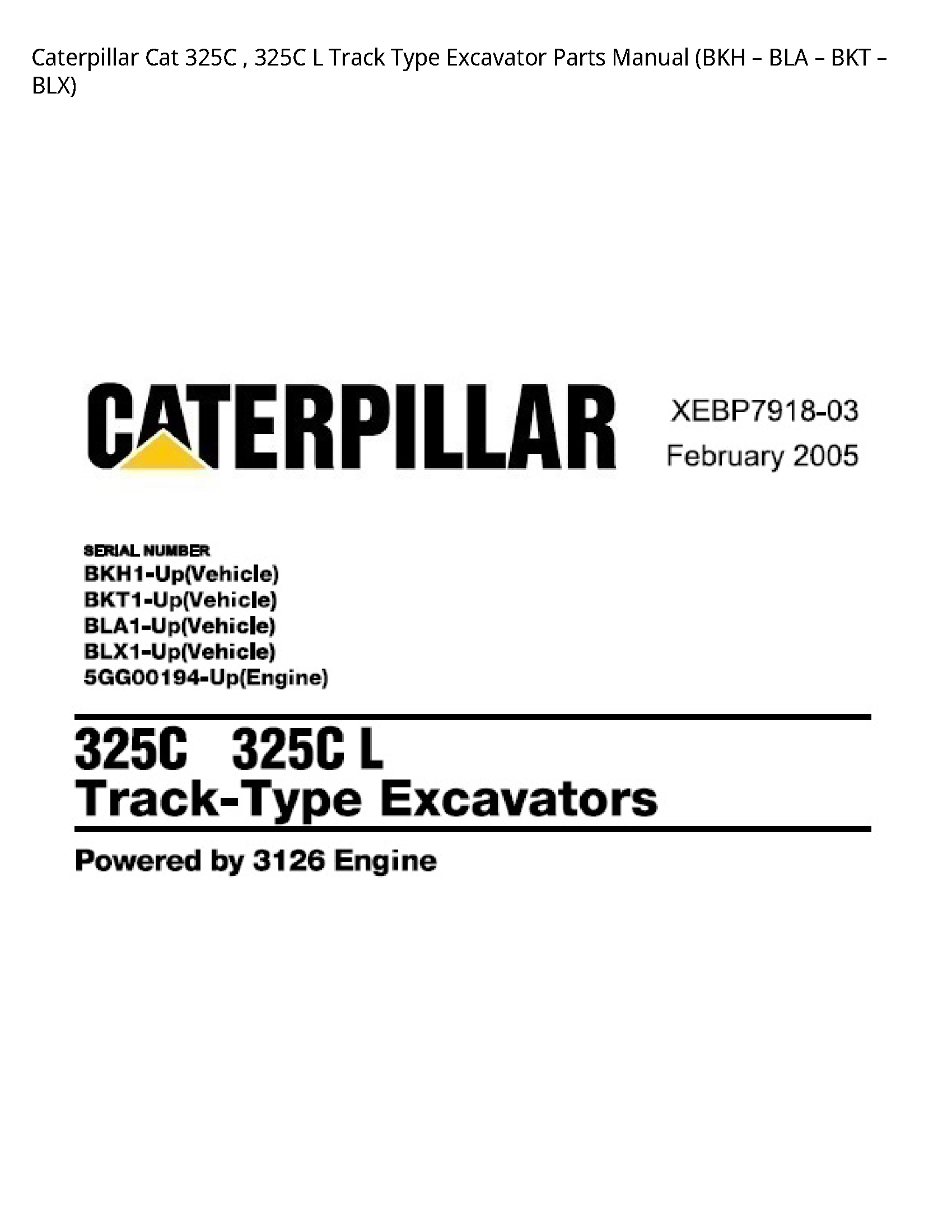 Caterpillar 325C Cat Track Type Excavator Parts manual