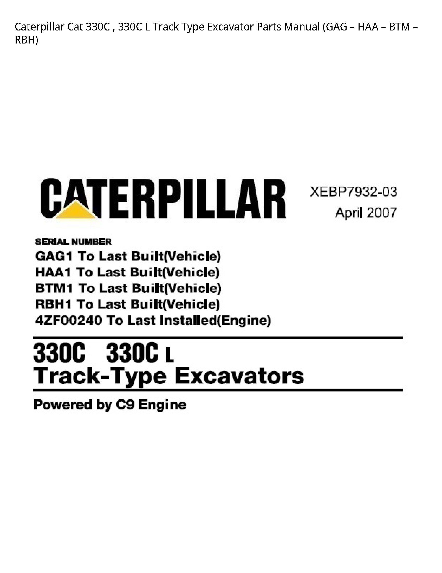 Caterpillar 330C Cat Track Type Excavator Parts manual
